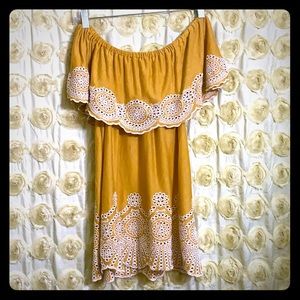 Mustard, off shoulder top with lace embroidery!
